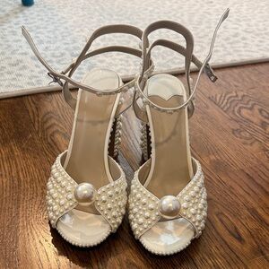 Pearl-Embellished Ivory Women’s Heeled Sandals